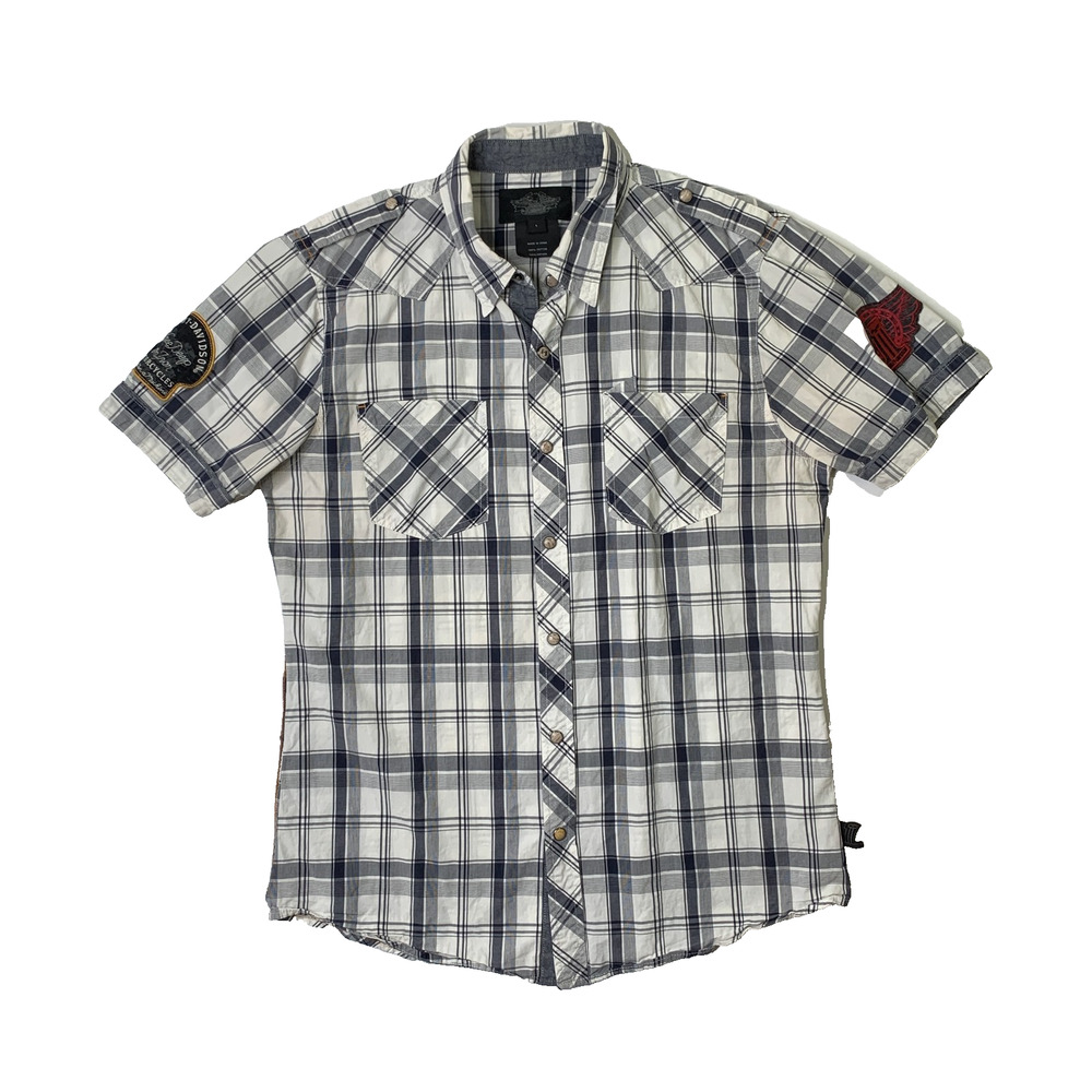 Harley Davidson Shirt Mens L Large Black Label Slim Fit Plaid Snap Button Biker